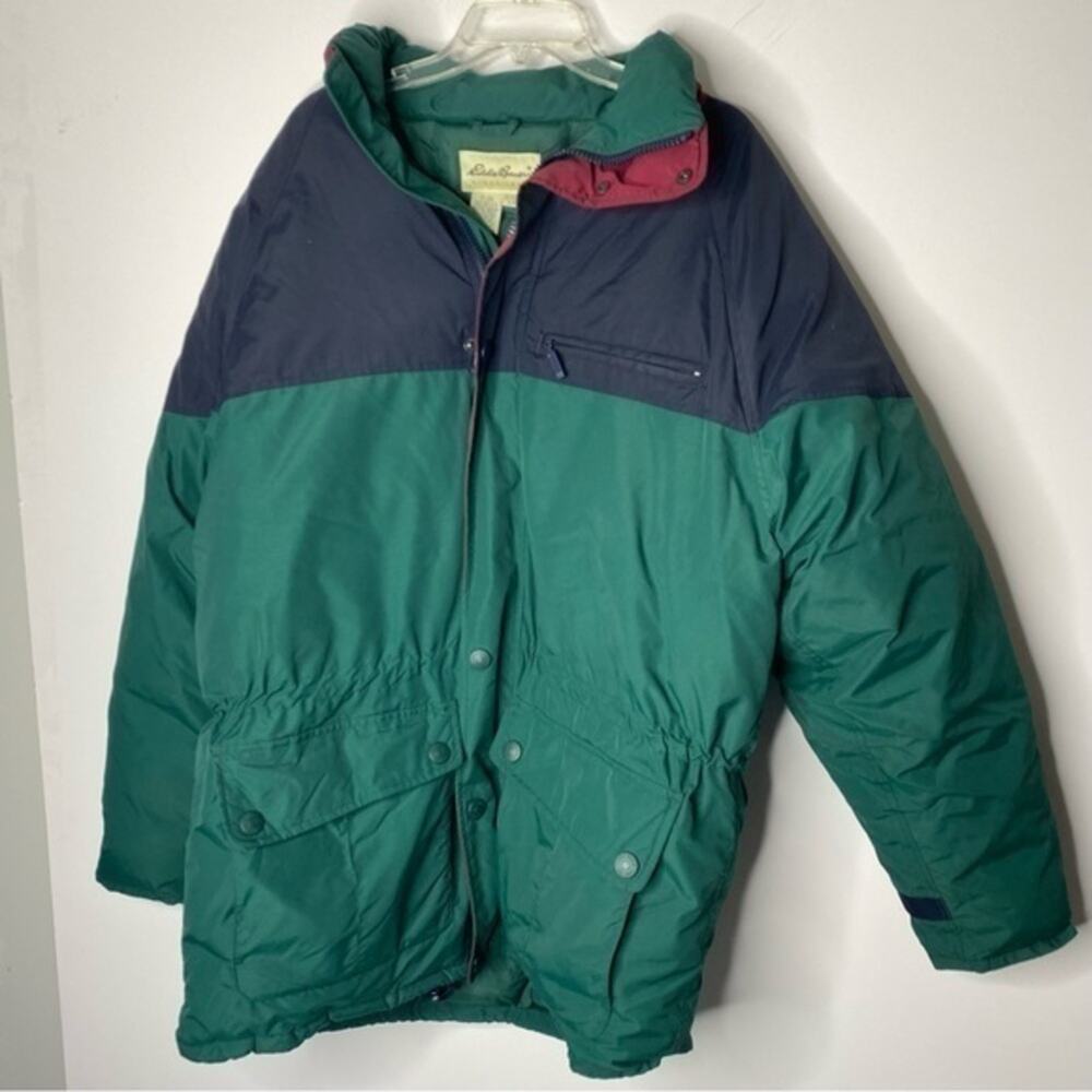 Vintage Eddie Bauer Green & Blue 100% Nylon Goose‎ Down Ski Coat Size Large